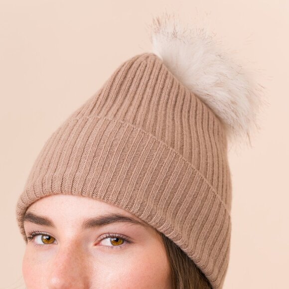 NWT! DongLi - 100% Cashmere Pom Beanie Hat in Camel